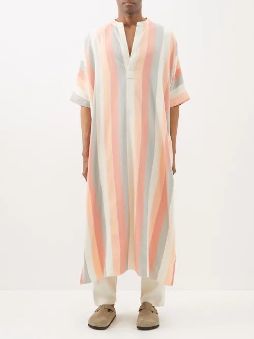 V-neck Striped Cotton-canvas Kaftan - Mens - Pink Multi