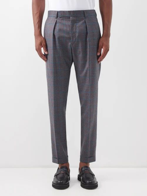 Pleated Checked Wool-blend Trousers - Mens - Grey Multi
