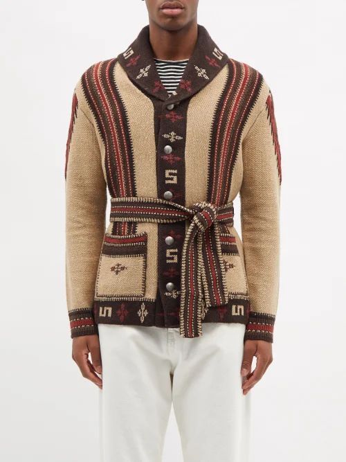 Geometric-intarsia Knitted Cotton-blend Cardigan - Mens - Cream Multi