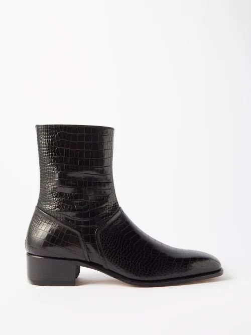 Crocodile-effect Leather Boots - Mens - Black