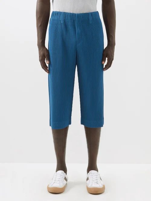 Cropped Technical-pleated Trousers - Mens - Blue