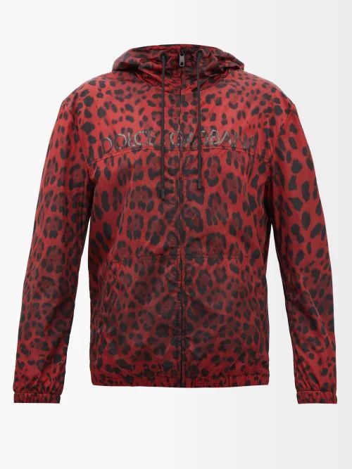 Leopard-print Hooded Zipped Windbreaker Jacket - Mens - Red Multi