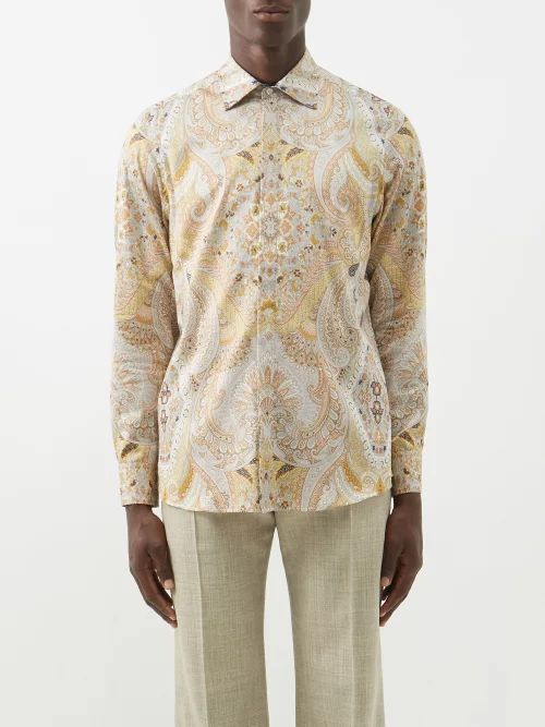 Paisley-print Cotton-poplin Shirt - Mens - Yellow