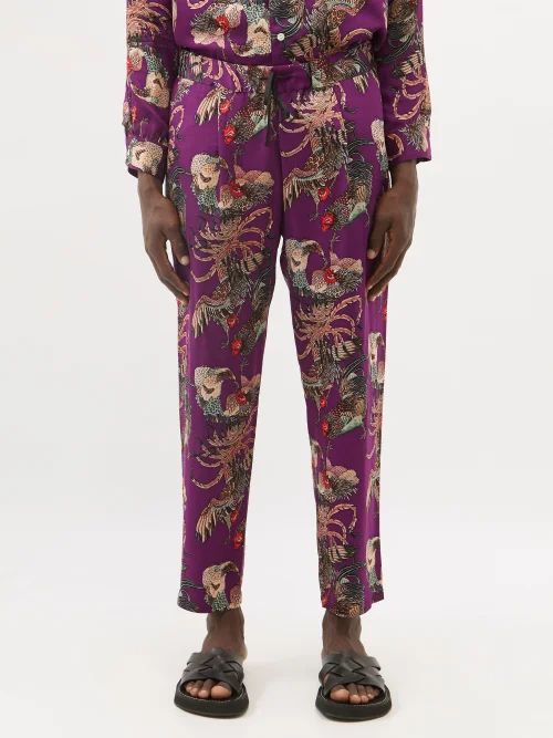 Rooster-print Silk-twill Trousers - Mens - Purple Multi