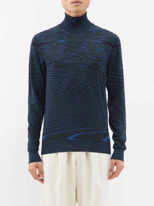 Distorted-stripe Roll-neck Wool Sweater - Mens - Blue