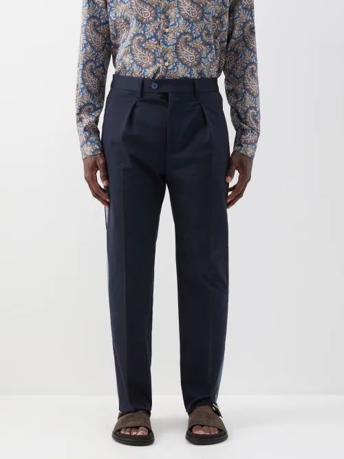 Pleated Cotton-twill Trousers - Mens - Navy