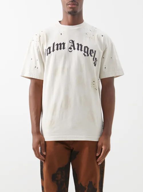 Glitter-logo Distressed Cotton-jersey T-shirt - Mens - Off White