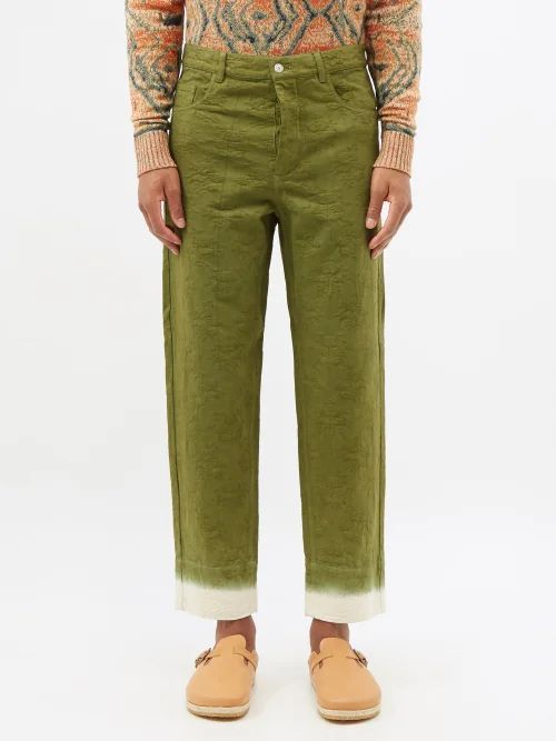Ugoberto Floral-jacquard Cotton Trousers - Mens - Dark Green