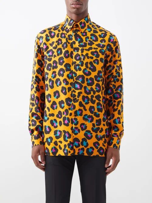 Leopard-print Silk-twill Shirt - Mens - Yellow Blue
