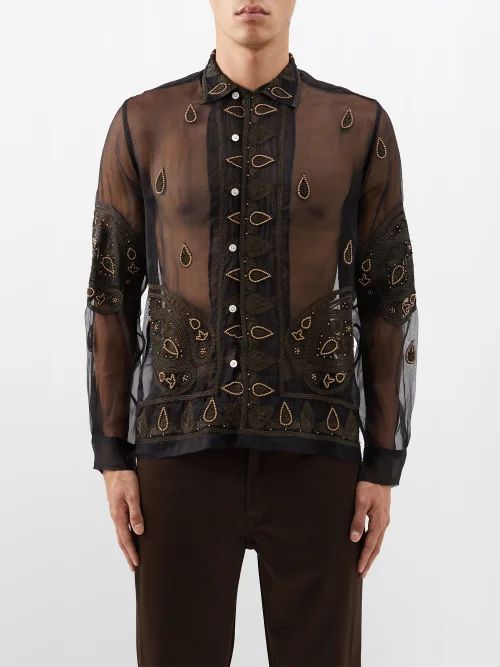 Embroidered Beaded-paisley Sheer Voile Shirt - Mens - Black