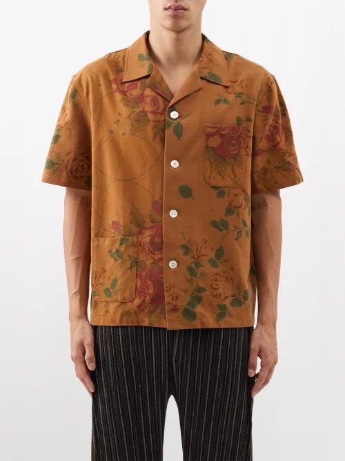 Floral-print Vintage-cotton Short-sleeved Shirt - Mens - Orange