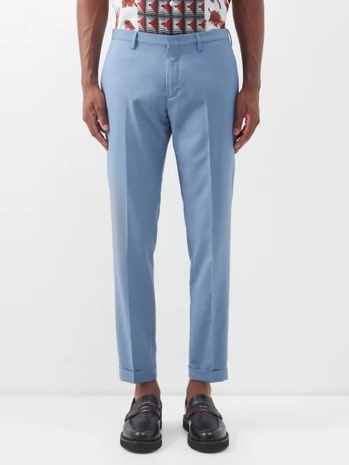 Flat-front Pleated Wool Suit Trousers - Mens - Blue