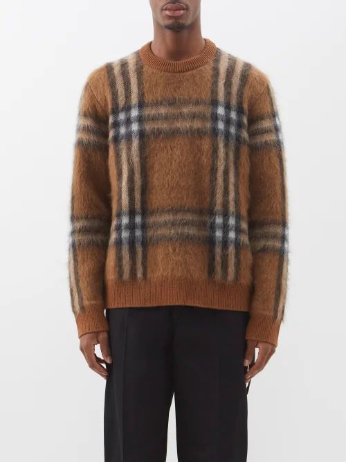 Check-jacquard Fluffy-knit Sweater - Mens - Black Brown Multi