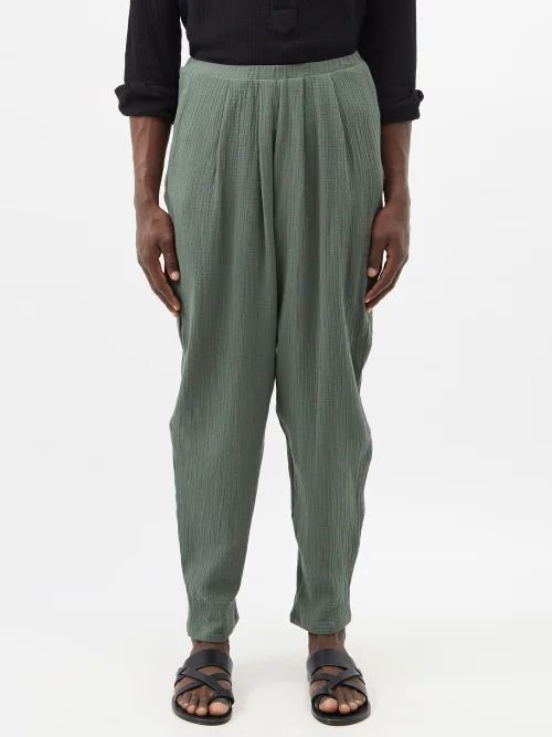 Pleated Cotton-muslin Trousers - Mens - Light Green