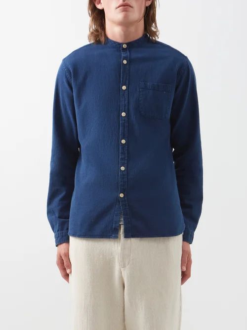 Stand-collar Washed-cotton Shirt - Mens - Blue