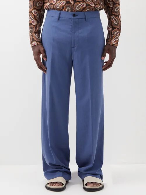 Flat-front Lyocell-blend Twill Wide-leg Trousers - Mens - Blue