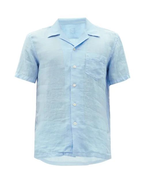 120% Lino - Cuban-collar Short-sleeve Linen Shirt - Mens - Light Blue