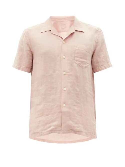 120% Lino - Cuban-collar Short-sleeve Linen Shirt - Mens - Pink