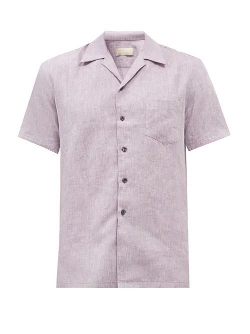 120% Lino - Cuban-collar Short-sleeved Linen Shirt - Mens - Purple