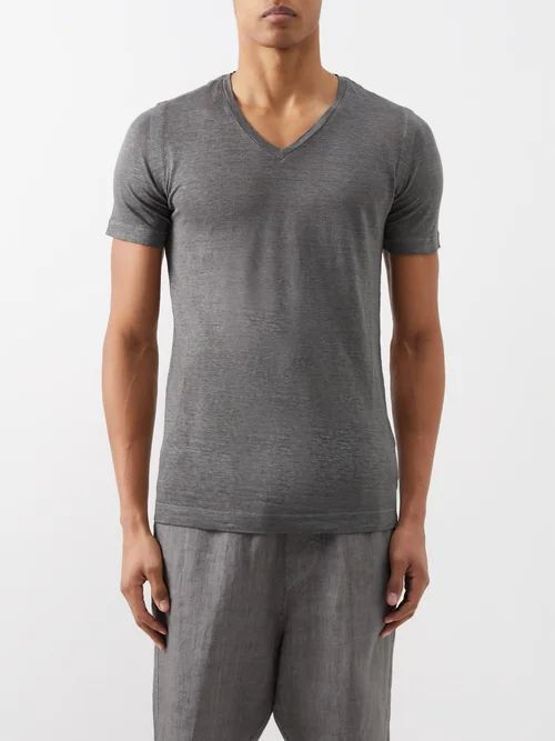 120% Lino - V-neck Linen T-shirt - Mens - Dark Grey