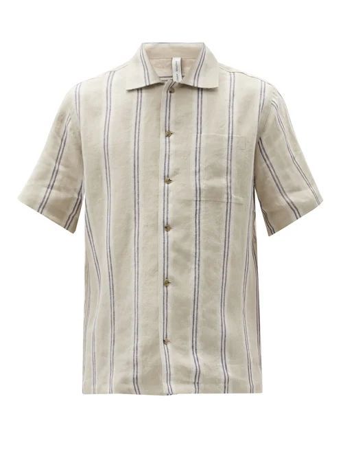 Another Aspect - Striped Linen Short-sleeved Shirt - Mens - Blue Beige