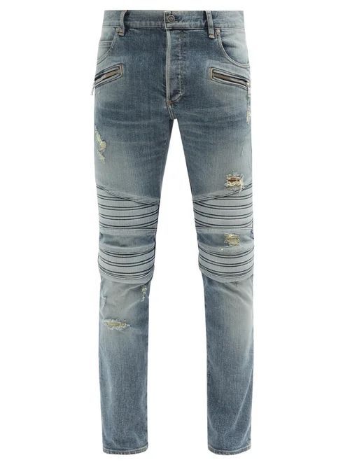 Balmain - B-logo Ribbed Distressed Skinny Jeans - Mens - Blue