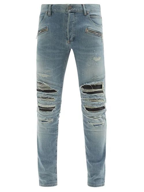 Balmain - Faux Leather-inset Distressed Skinny Jeans - Mens - Blue
