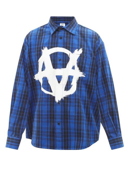 Anarchy-print Plaid Cotton-blend Shirt - Mens - Blue