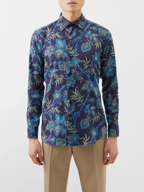 Botanical-print Cotton Shirt - Mens - Navy Multi