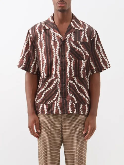 Aloha Wave-print Twill Shirt - Mens - Brown Beige