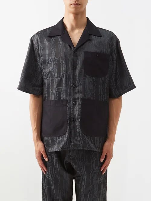 Aloha Wave-jacquard Satin Shirt - Mens - Dark Navy