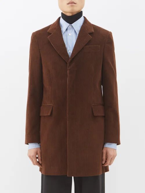Antuan Single-breasted Cotton-corduroy Overcoat - Mens - Dark Brown