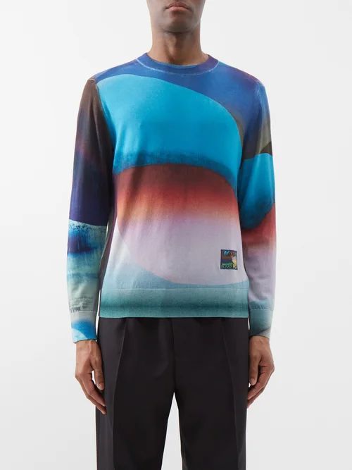 Abstract-print Cotton Sweater - Mens - Blue Multi