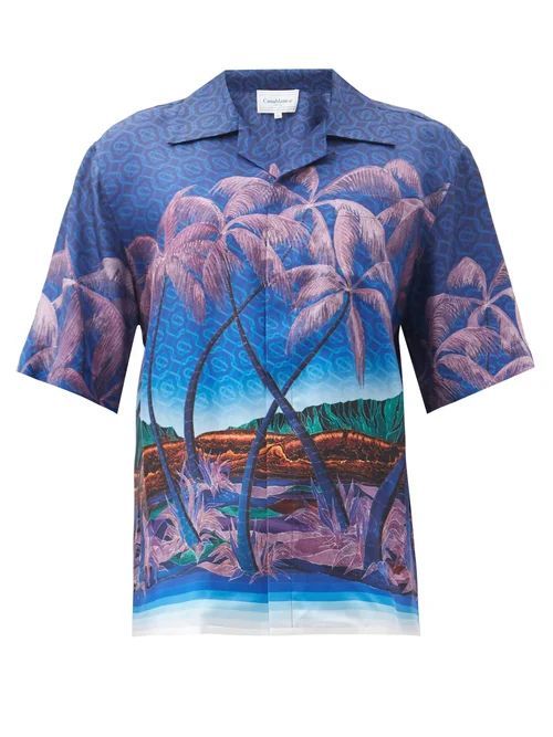 Casablanca - Nuit A Maui Cuban-collar Silk Shirt - Mens - Blue