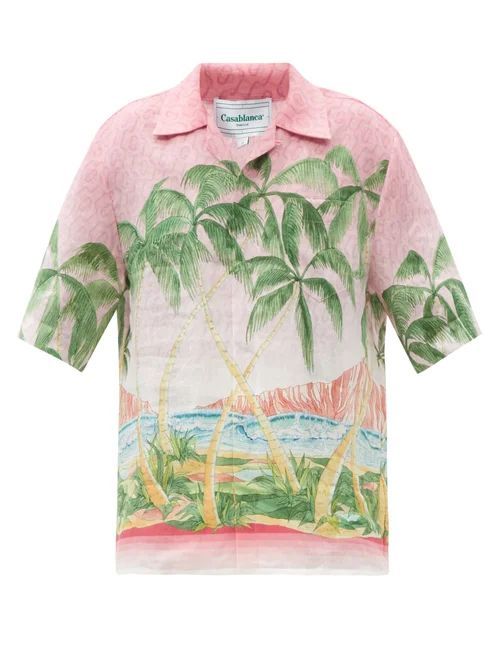 Casablanca - Cuban-collar Palm-print Linen Short-sleeved Shirt - Mens - Pink