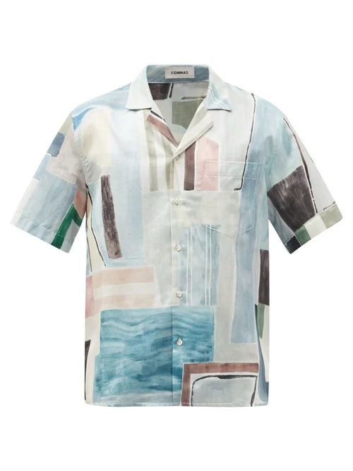 Commas - Cuban-collar Piscine-print Silk-blend Shirt - Mens - Blue Multi