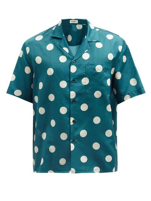 Commas - Polka-dot Silk-blend Satin Shirt - Mens - Dark Green