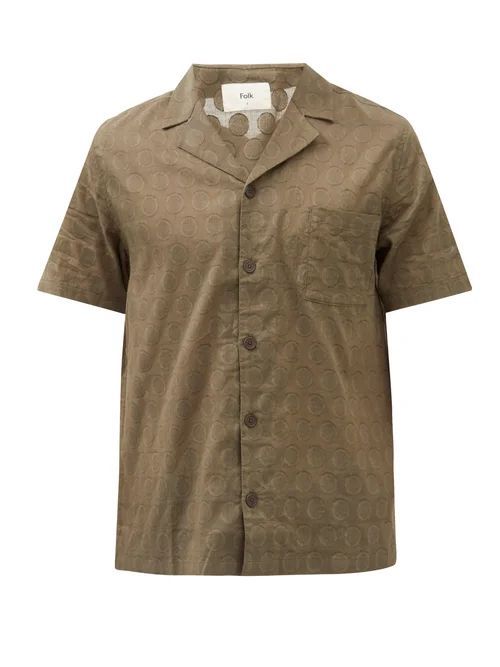 Cuban-collar Dot-jacquard Cotton-canvas Shirt - Mens - Khaki