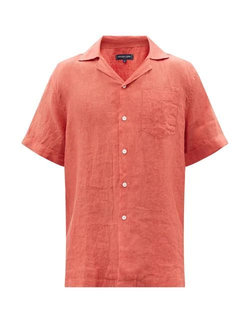 Cuban-collar Linen Short-sleeved Shirt - Mens - Light Red