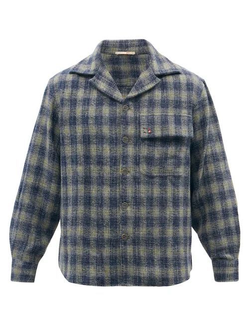 Cuban-collar Checked Wool Shirt - Mens - Grey Print