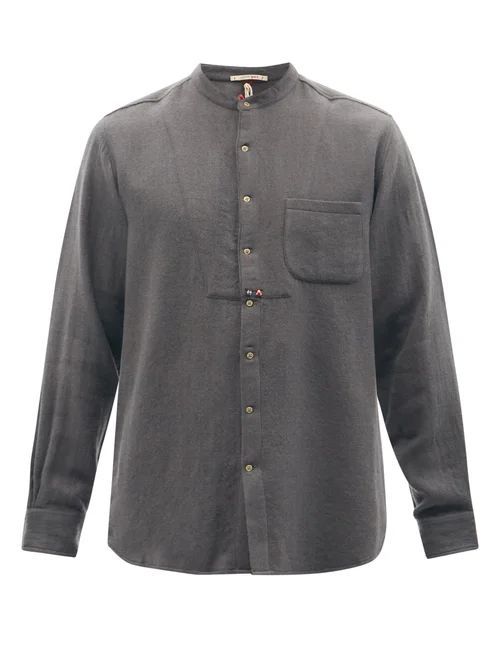 Collarless Wool-twill Shirt - Mens - Grey