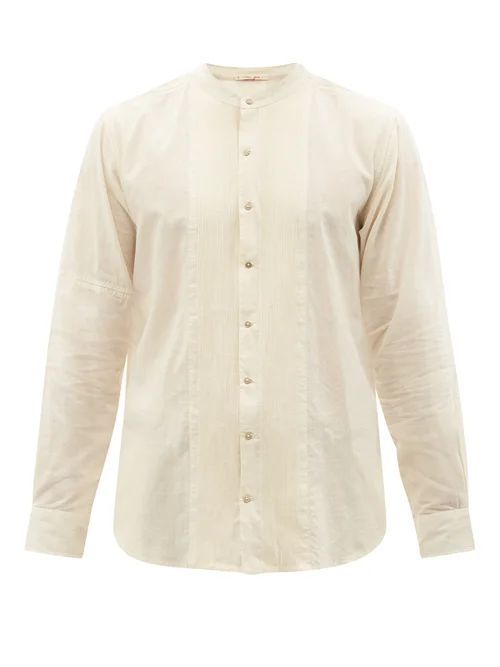 Collarless Bib-front Cotton Shirt - Mens - Cream