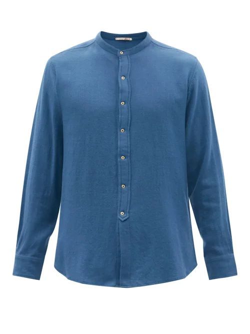 Collarless Logo-embroidered Wool-twill Shirt - Mens - Blue