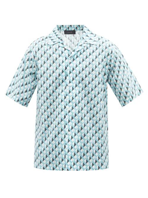 Cuban-collar A-print Cotton-poplin Shirt - Mens - Blue Multi