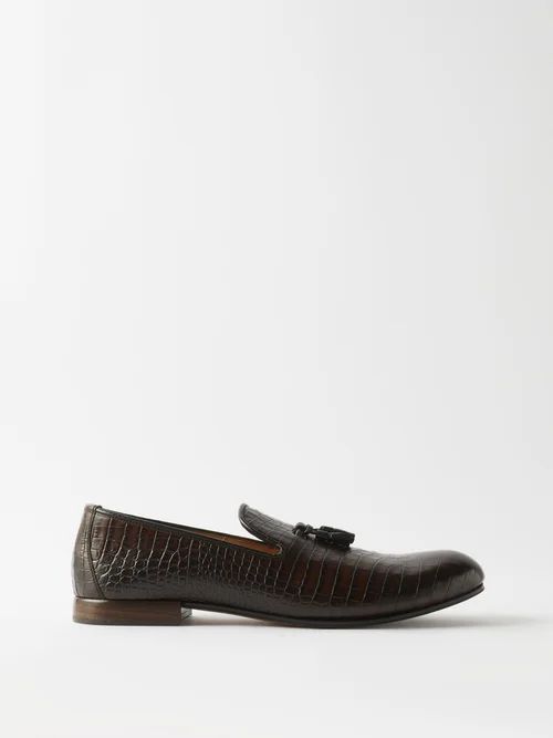 Croc-effect Leather Tasselled Loafers - Mens - Brown
