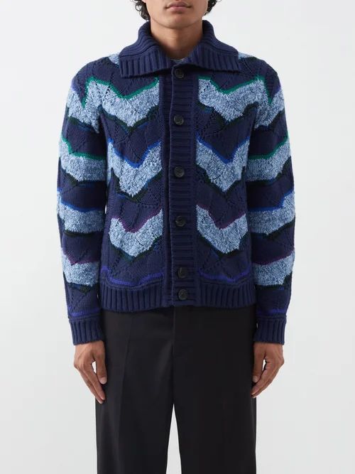 Chevron-striped Wool-blend Cardigan - Mens - Blue Multi
