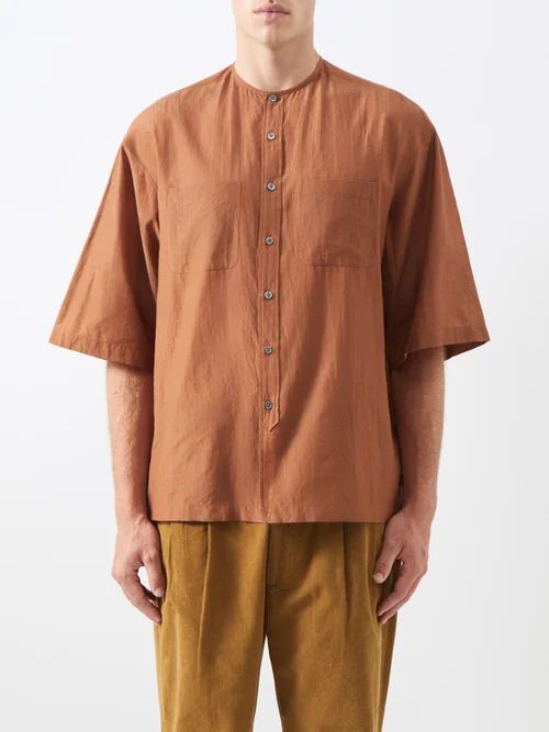 Collarless Chest-pocket Cotton-blend Shirt - Mens - Brown
