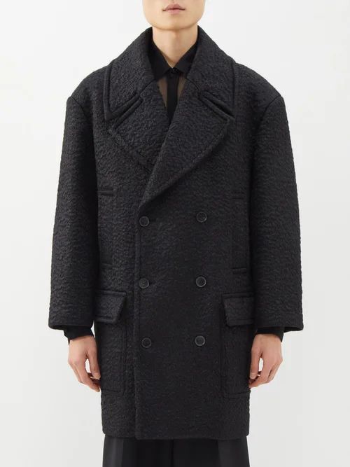 Double-breasted Wool-blend Bouclé Peacoat - Mens - Black