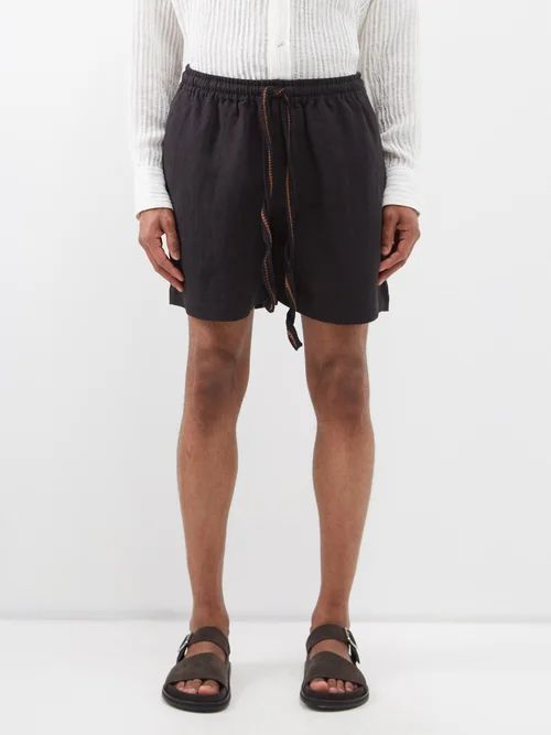 Crocheted-drawstring Linen Shorts - Mens - Black