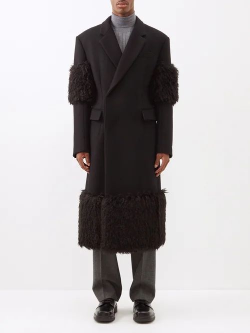Double-breasted Shearling-panel Wool Overcoat - Mens - Black